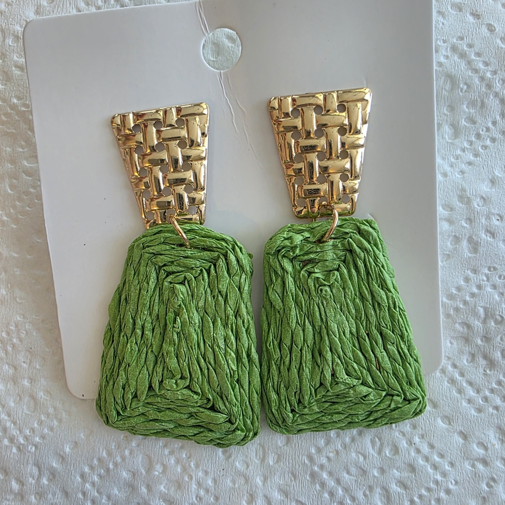 Green and Gold Woven Earrings